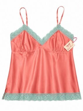 🩷 Gold Hawk 100% Silk Camisole | Coral Pink & Mint Lace | NWT Luxury Tank🩷